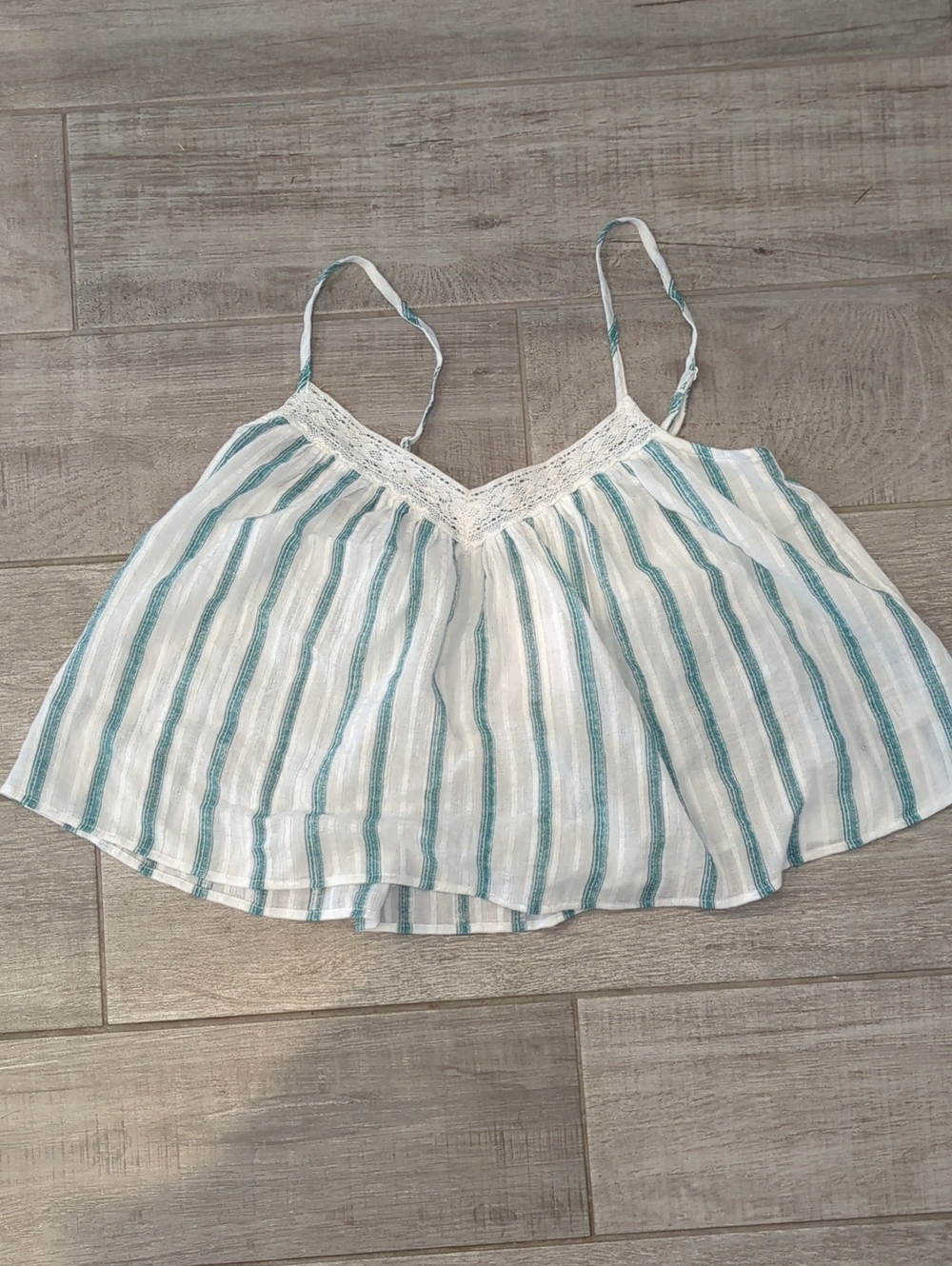 American Eagle Outfitters White and Teal Striped Lace-Trim Crop Cami